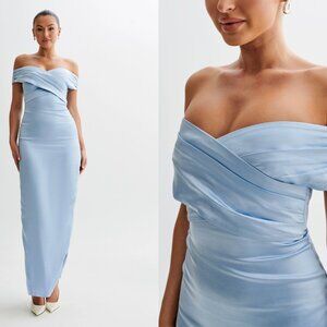 NEVER WORN: MESHKI: HARLEY Off Shoulder Satin Maxi Dress - Cornflower Blue